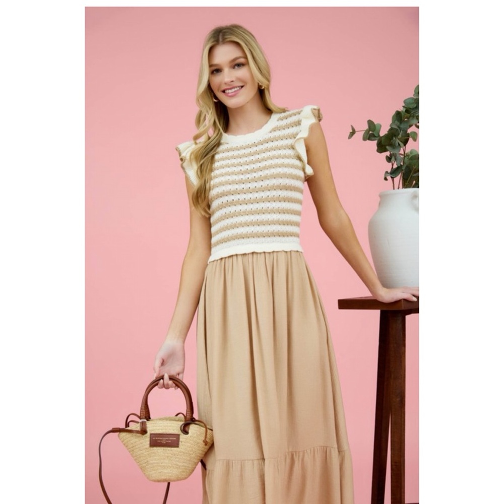 Elegant Cream and Tan Dress - Picture 5 of 7
